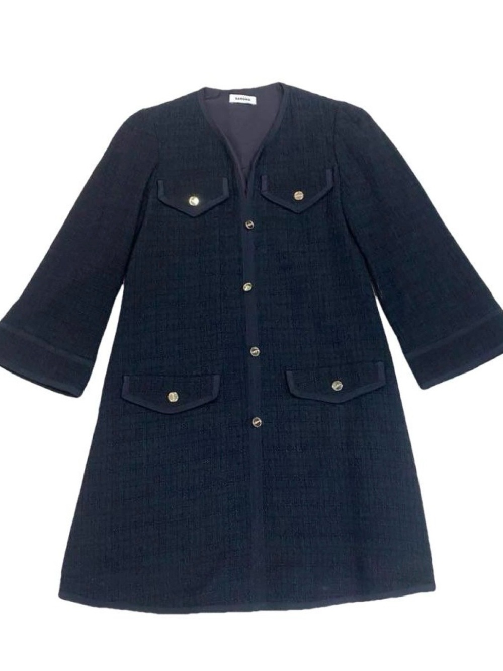 Sandro Black Tweed A-Line Dress with Gold signature Buttons
